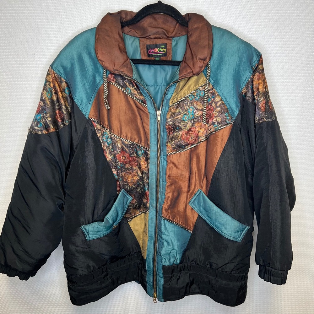 Vintage G-4000 Patchwork Floral Tapestry Bomber Jacket Plus Size 22W Teal Black